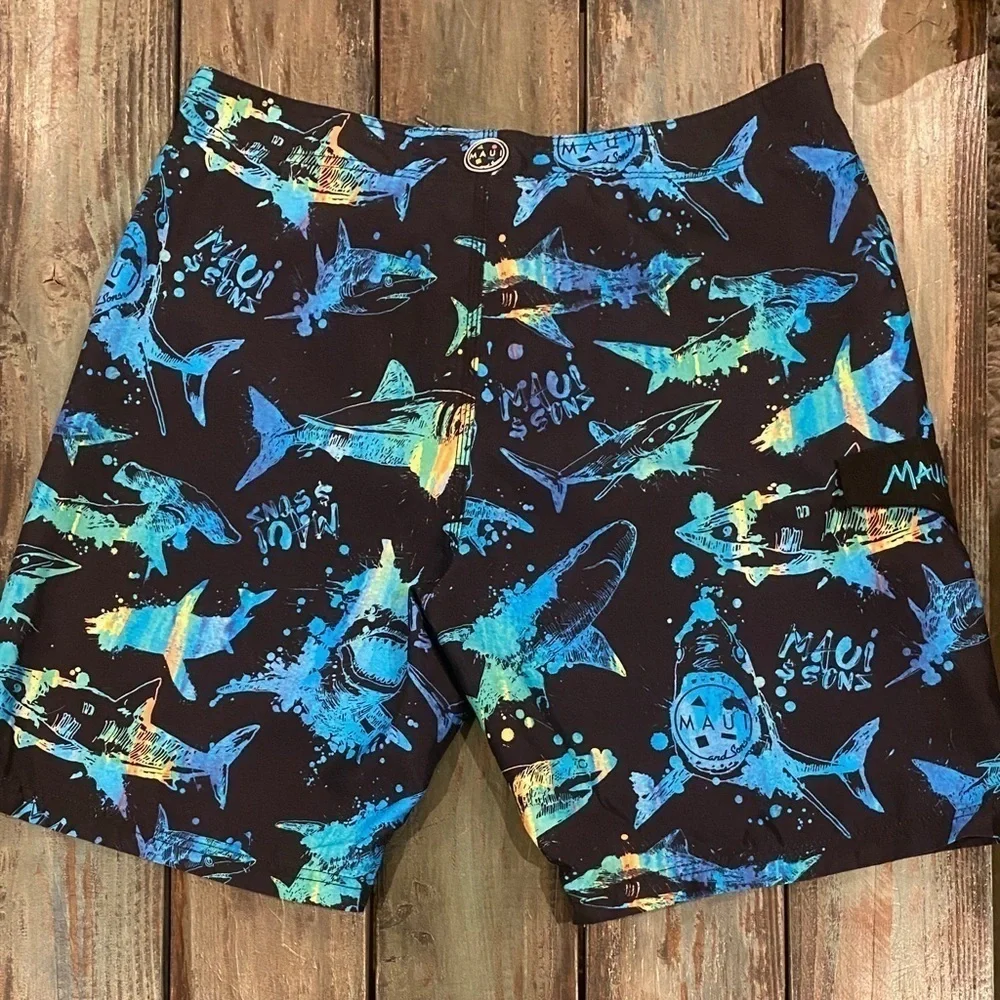 Maui & Sons Sz 36 Shark Boardshorts Mens Swim Surf Beach Black Colorful